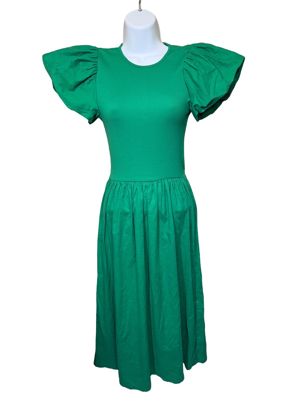 Zara 100% Cotton Green Puff-Sleeve Midi Dress NWOT